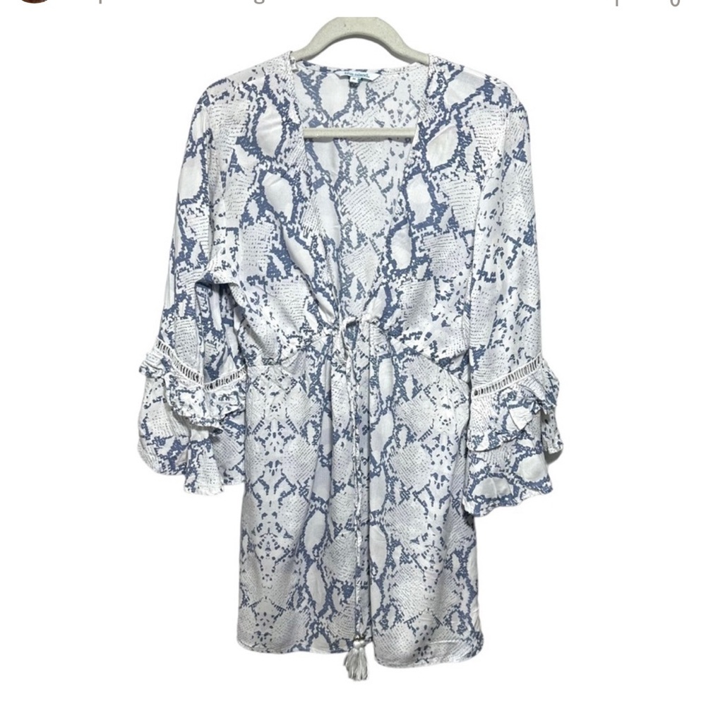 Blue Island Womens Sz M Deep V Bell Sleeve Blue Snake Print Tunic Swim Coverup